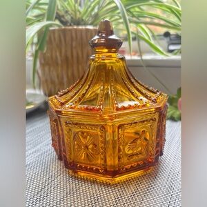 Vintage Imperial Amber Glass Octagon Covered Candy Dish w/ Birds & Floral Motifs